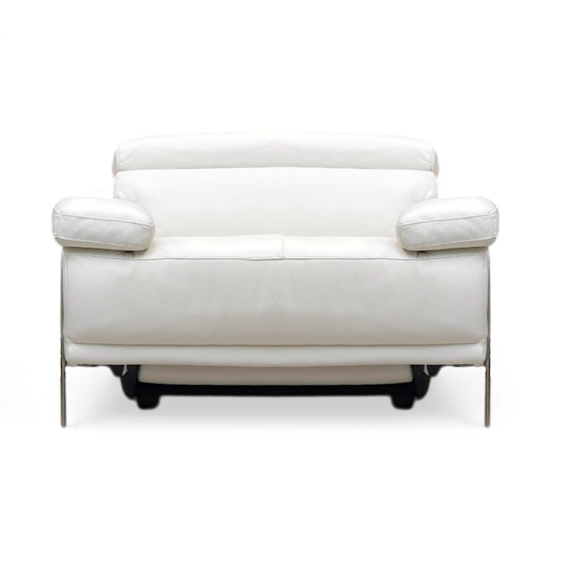 Front view of Nicoletti Theron Torello luxury white leather power reclining armchair. Shows the fully upholstered, clean-finished leather back panel, demonstrating a premium 360-degree aesthetic suitable for open-concept floor plans and center-room placement.