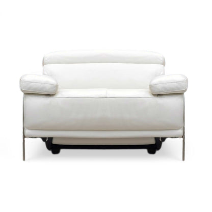 Front view of Nicoletti Theron Torello luxury white leather power reclining armchair. Shows the fully upholstered, clean-finished leather back panel, demonstrating a premium 360-degree aesthetic suitable for open-concept floor plans and center-room placement.