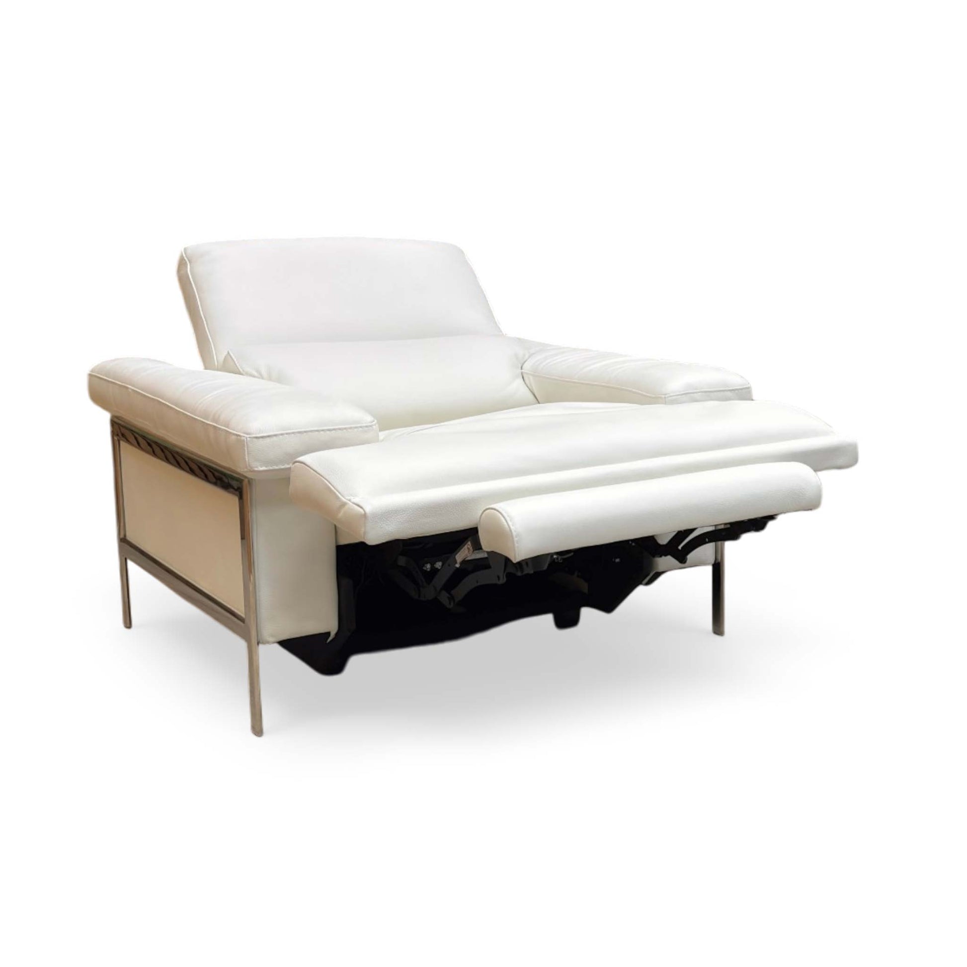 Full view of Nicoletti Theron Torello Bianco Puro 370 white leather power recliner chair front view. Modern Italian designer armchair featuring premium top-grain leather upholstery, a sleek minimalist silhouette, and a polished chrome-accented base for luxury living room seating.