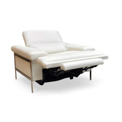 Full view of Nicoletti Theron Torello Bianco Puro 370 white leather power recliner chair front view. Modern Italian designer armchair featuring premium top-grain leather upholstery, a sleek minimalist silhouette, and a polished chrome-accented base for luxury living room seating.