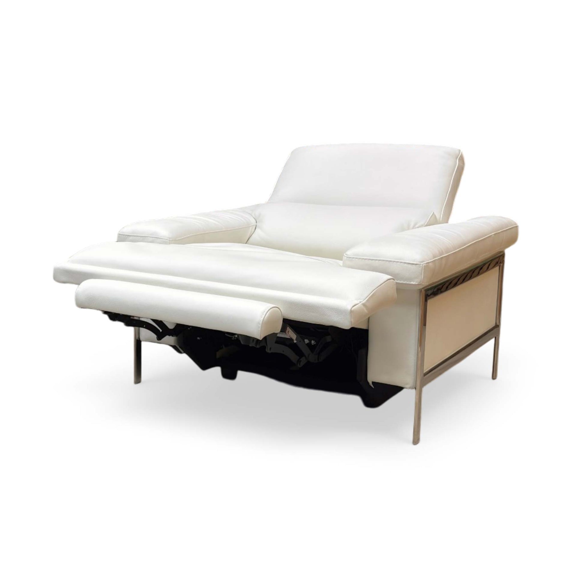 Side view of Nicoletti Theron Torello luxury white leather recliner chair styled in a modern living room setting. The designer Italian armchair is paired with contemporary home decor, an accent rug, and ambient lighting to illustrate upscale interior styling.