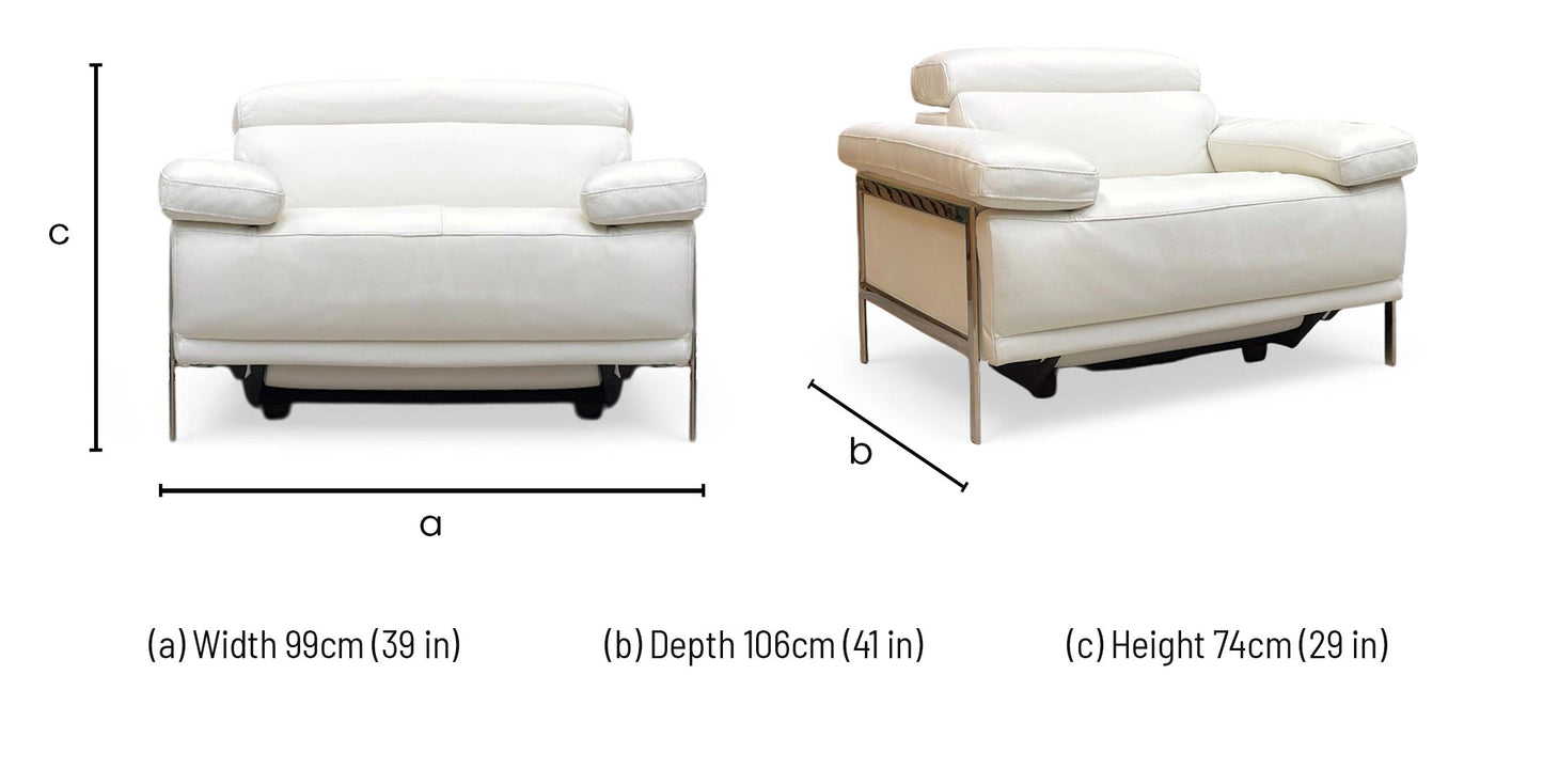 Technical image showing showing compact 99cm width profile of Nicoletti Theron Torello luxury white leather recliner chair.