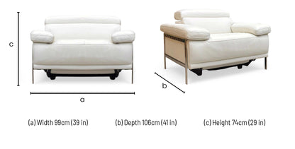 Technical image showing showing compact 99cm width profile of Nicoletti Theron Torello luxury white leather recliner chair.
