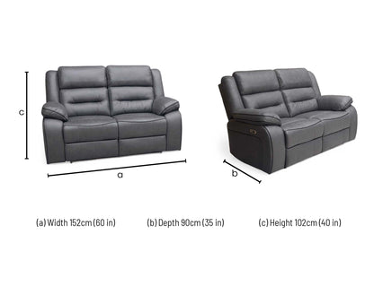 Product dimension and specification graphic for Vegas charcoal grey 2-seater power recliner sofa. Diagram shows exact width, backrest height, seat height, and wall-clearance requirements needed for full home cinema reclining extension.