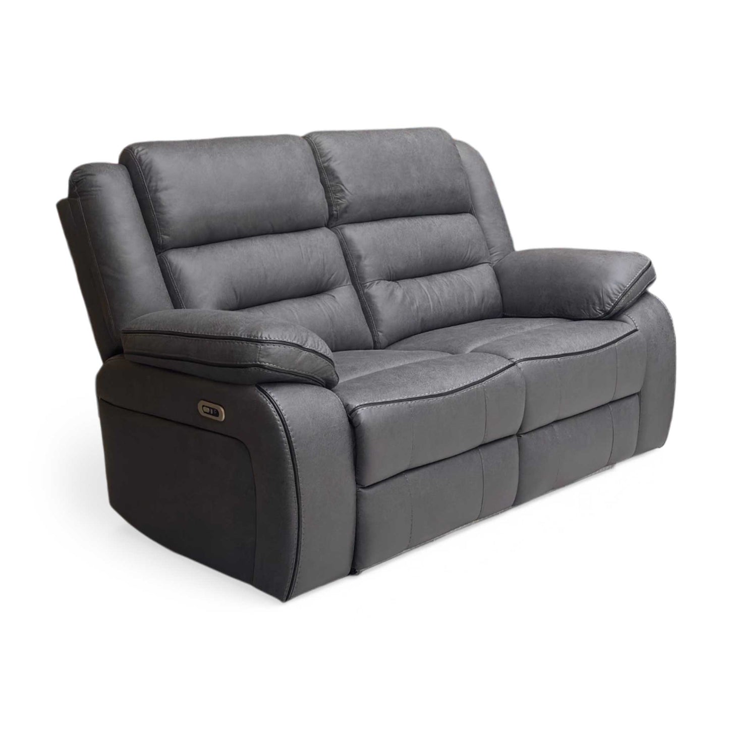 Side view of vegas charcoal grey home cinema power reclining sofa shown in a darkened room. Highlights the vibrant ambient blue LED under-glow light strip running along the base, creating an authentic movie theater atmosphere at home.