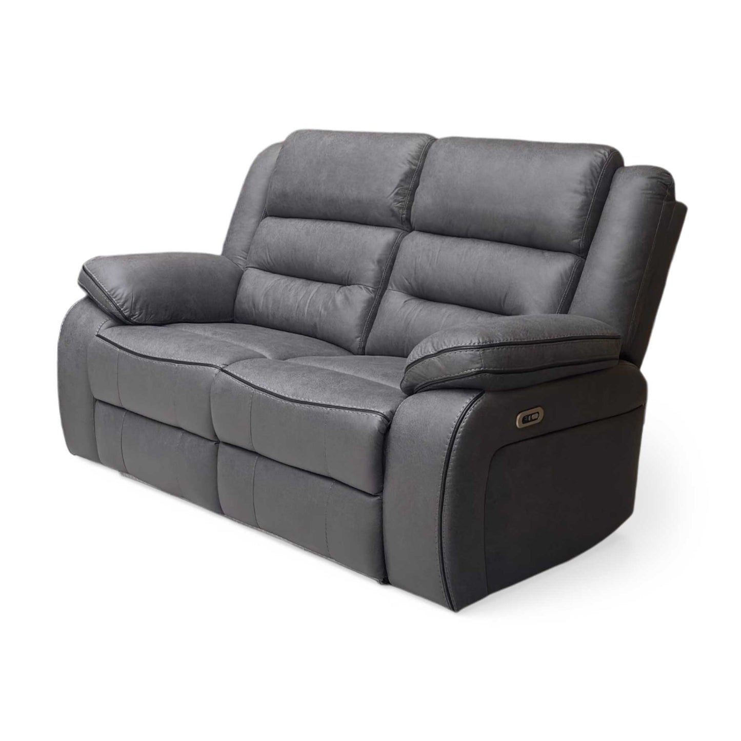 Side view vegas charcoal grey microfibre power recliner sofa with both seats fully extended. Image showcases the dual-motor independent electronic footrests and reclining backrests, illustrating a seamless transition into full lounge position.