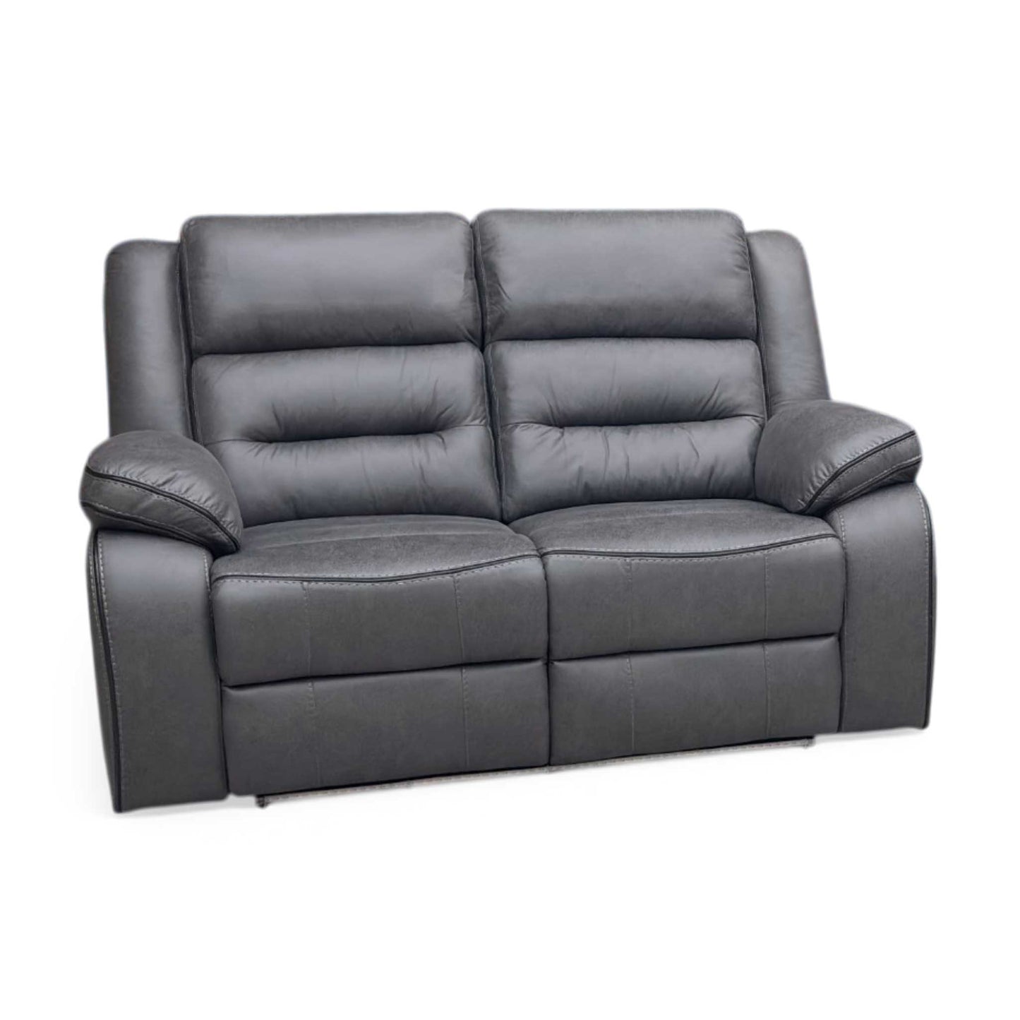 Full view of Vegas Charcoal Grey Microfibre 2-seater power recliner sofa front view. Modern home cinema double reclining couch featuring plush padded seats, integrated center console storage, cup holders, and ambient blue LED under-glow lighting.