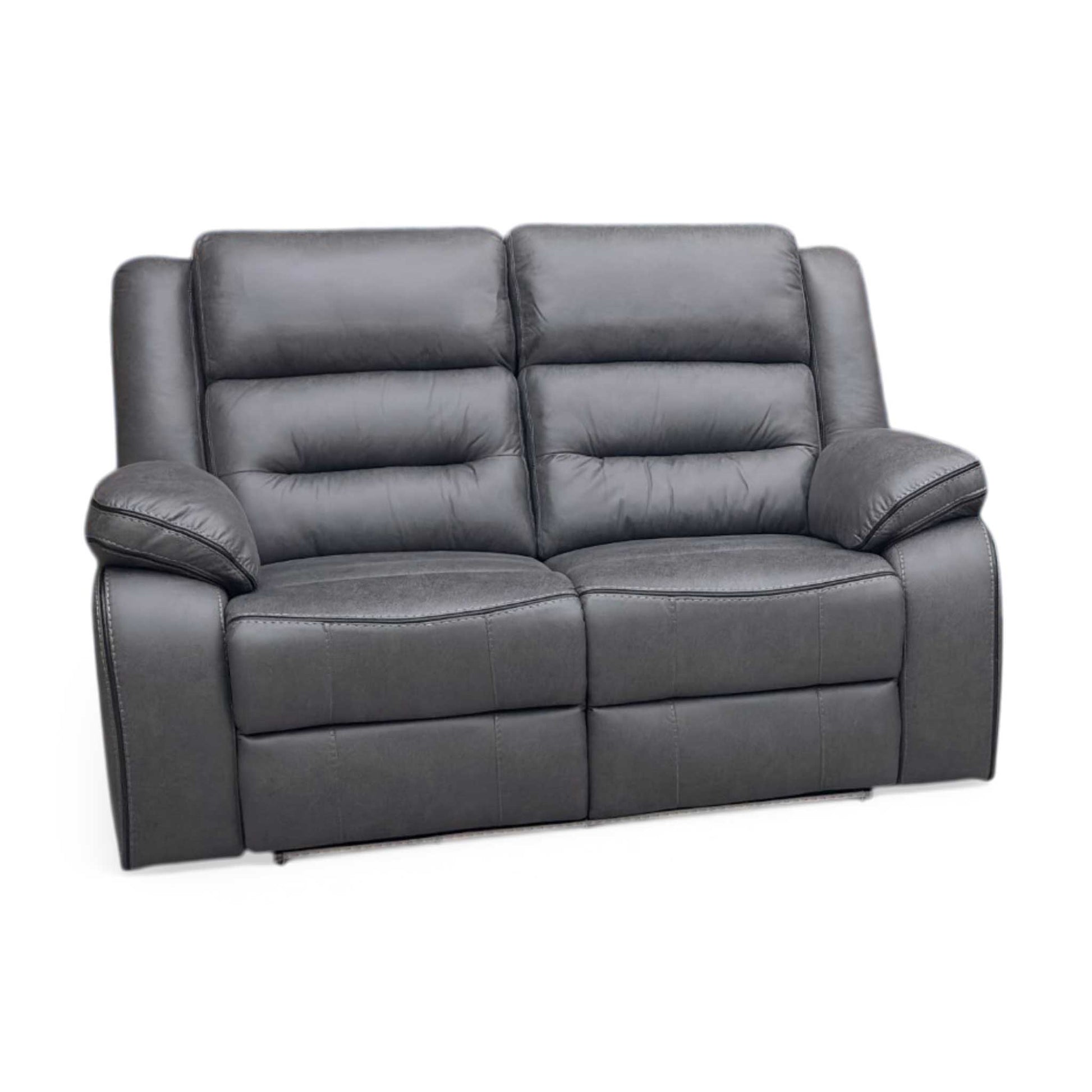 Full view of Vegas Charcoal Grey Microfibre 2-seater power recliner sofa front view. Modern home cinema double reclining couch featuring plush padded seats, integrated center console storage, cup holders, and ambient blue LED under-glow lighting.