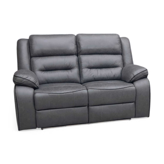 Full view of Vegas Charcoal Grey Microfibre 2-seater power recliner sofa front view. Modern home cinema double reclining couch featuring plush padded seats, integrated center console storage, cup holders, and ambient blue LED under-glow lighting.