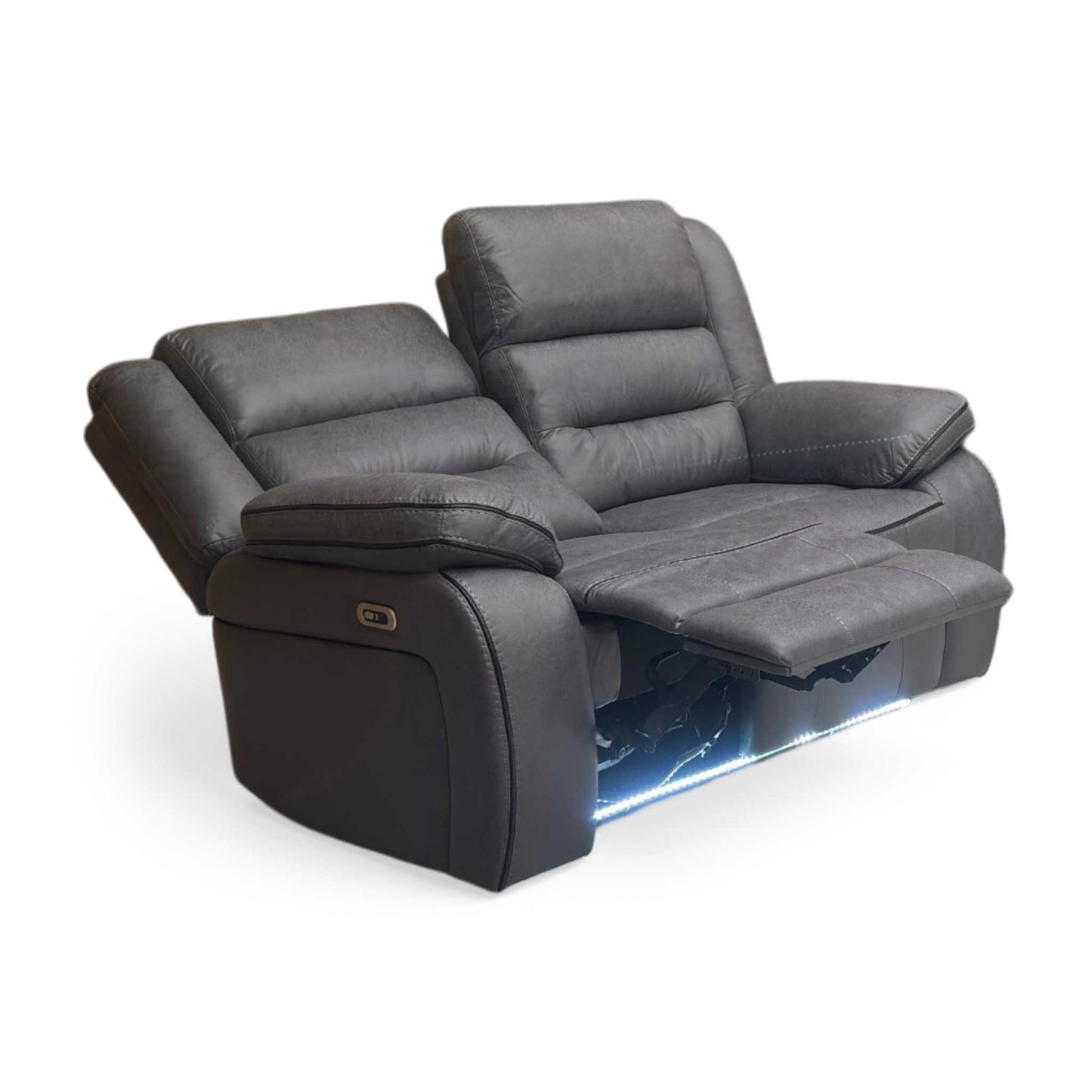 Side view vegas charcoal grey microfibre power recliner sofa with both seats fully extended. Image showcases the dual-motor independent electronic footrests and reclining backrests, illustrating a seamless transition into full lounge position.