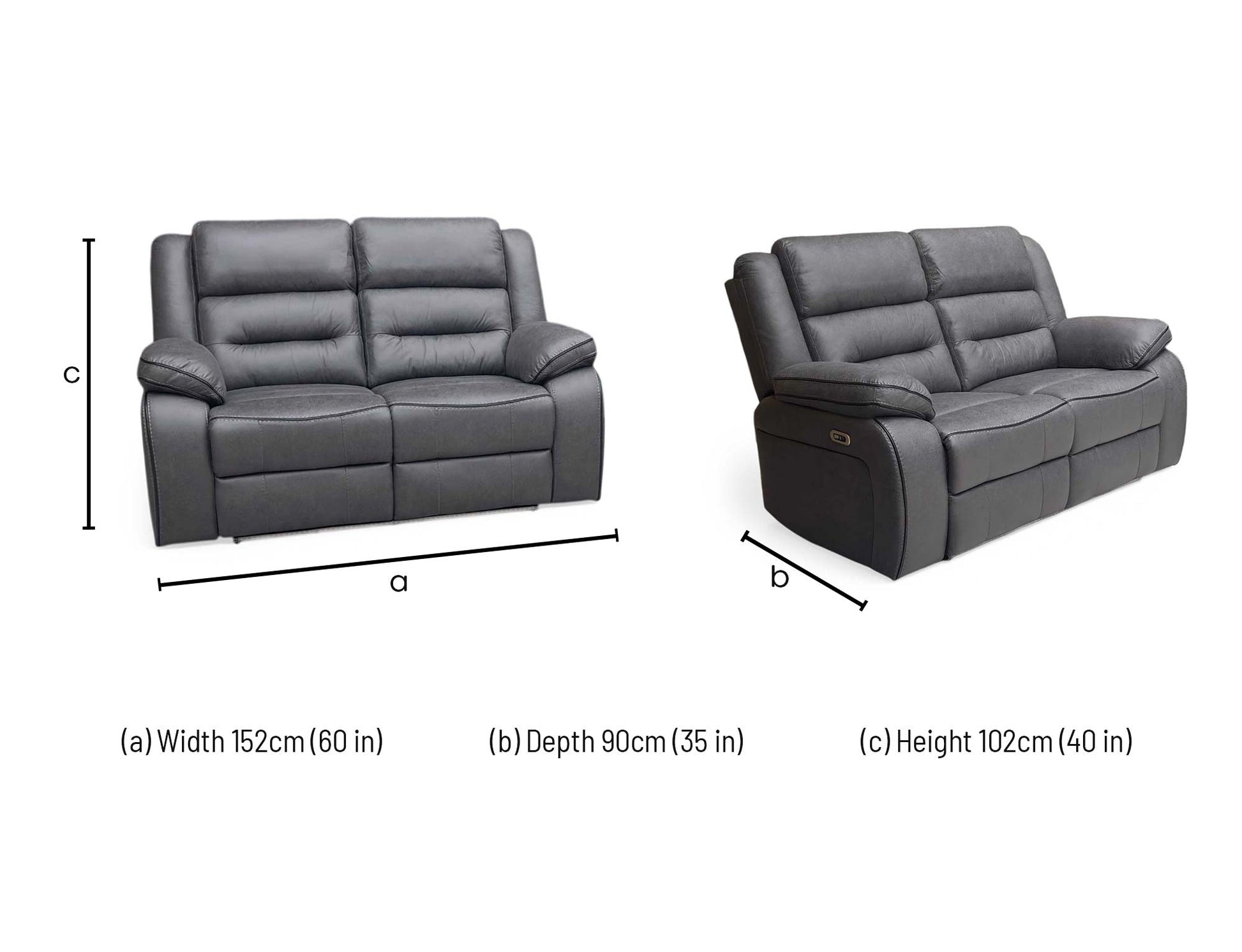 Product dimension and specification graphic for Vegas charcoal grey 2-seater power recliner sofa. Diagram shows exact width, backrest height, seat height, and wall-clearance requirements needed for full home cinema reclining extension.