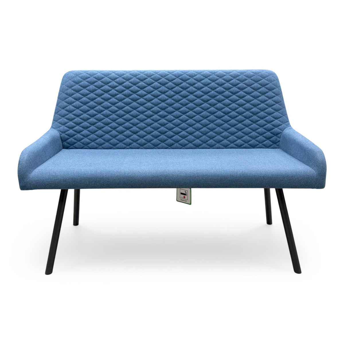 Front view of the Rocket mineral blue fabric high back dining bench with low curved arms