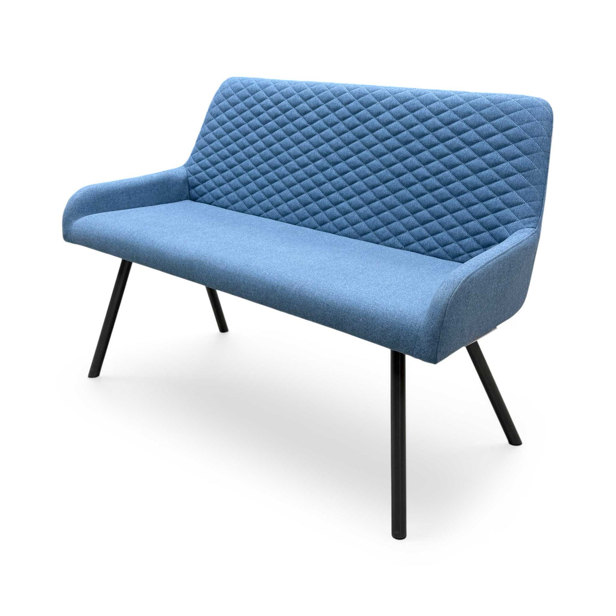 Rocket mineral blue fabric high back dining bench angled from the left, showing the splayed black legs