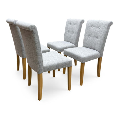 Furnitureland ‘Augusta’ Mist Grey Fabric Set of 4 Roll Back Upholstered Dining Chairs