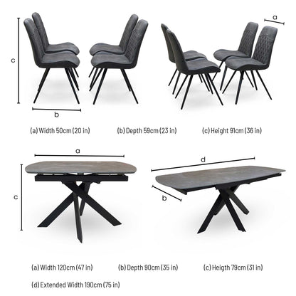 'Warrior' Grey Sintered Stone Swivel Extending Dining Table with Charcoal Grey Fabric Standard Dining Chairs - Set of 4 Furniture Village
