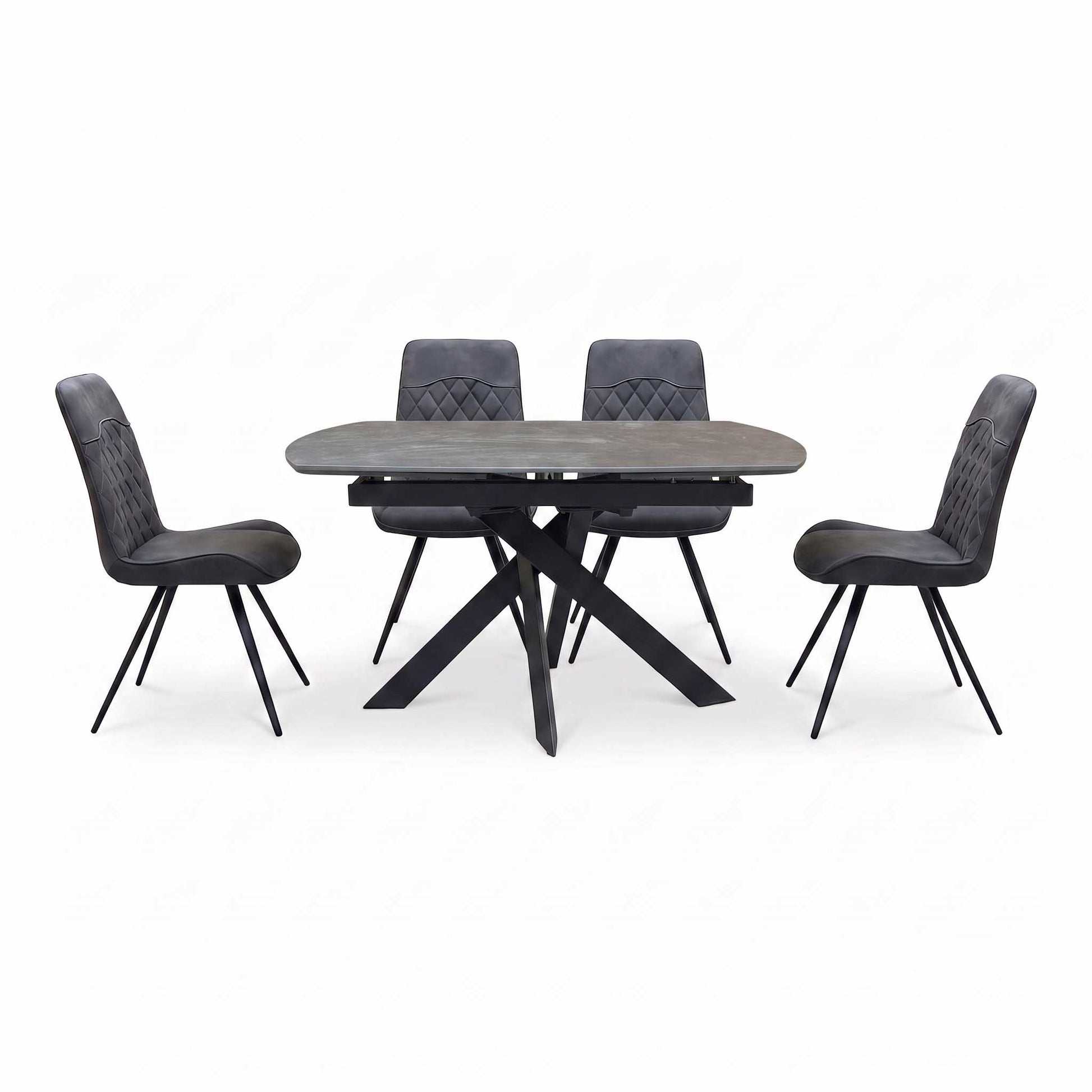 'Warrior' Grey Sintered Stone Swivel Extending Dining Table with Charcoal Grey Fabric Standard Dining Chairs - Set of 4 Furniture Village