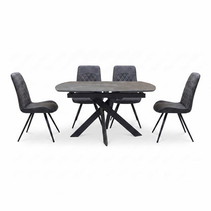 'Warrior' Grey Sintered Stone Swivel Extending Dining Table with Charcoal Grey Fabric Standard Dining Chairs - Set of 4 Furniture Village