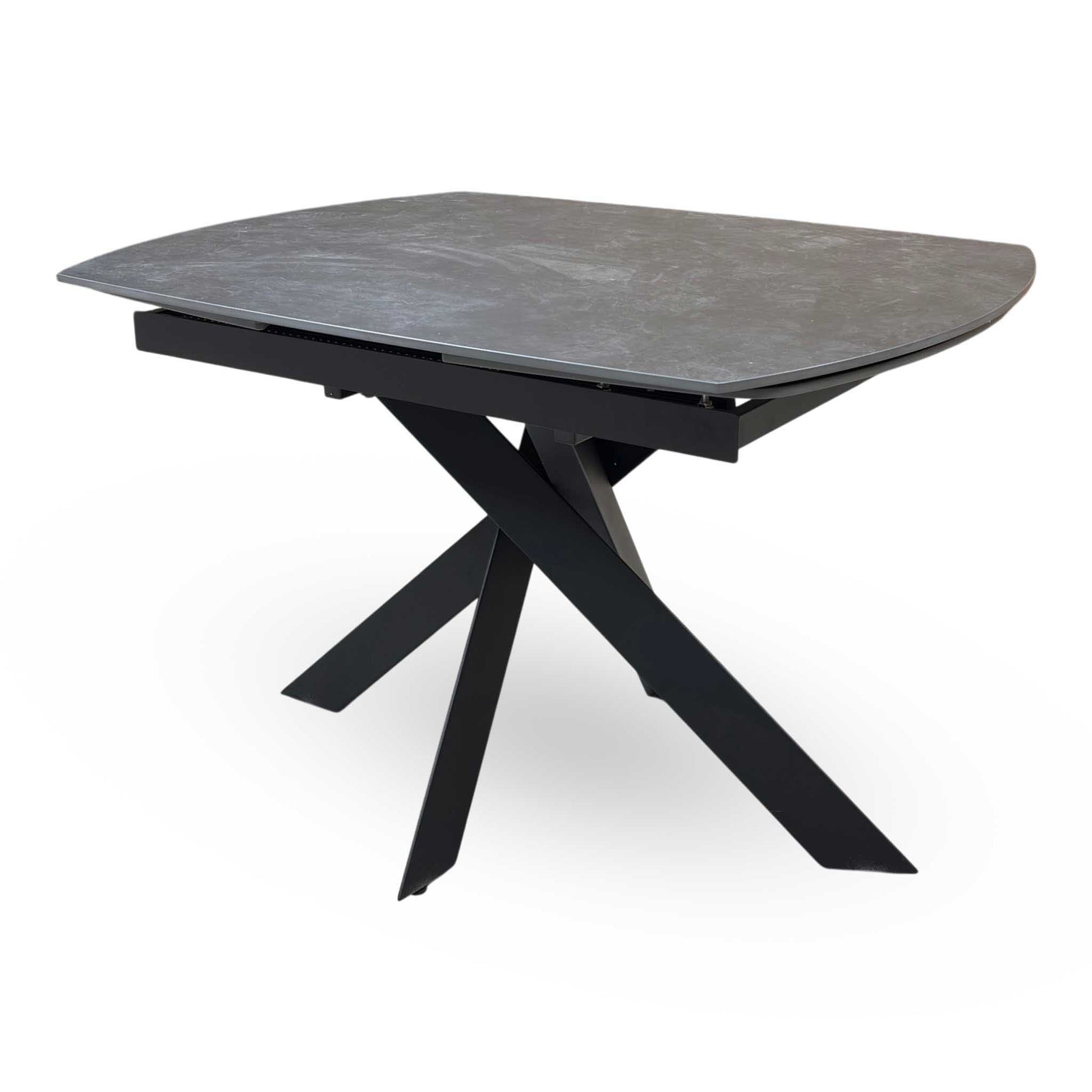 'Warrior' Grey Sintered Stone Swivel Extending Dining Table with Charcoal Grey Fabric Standard Dining Chairs - Set of 4 Furniture Village