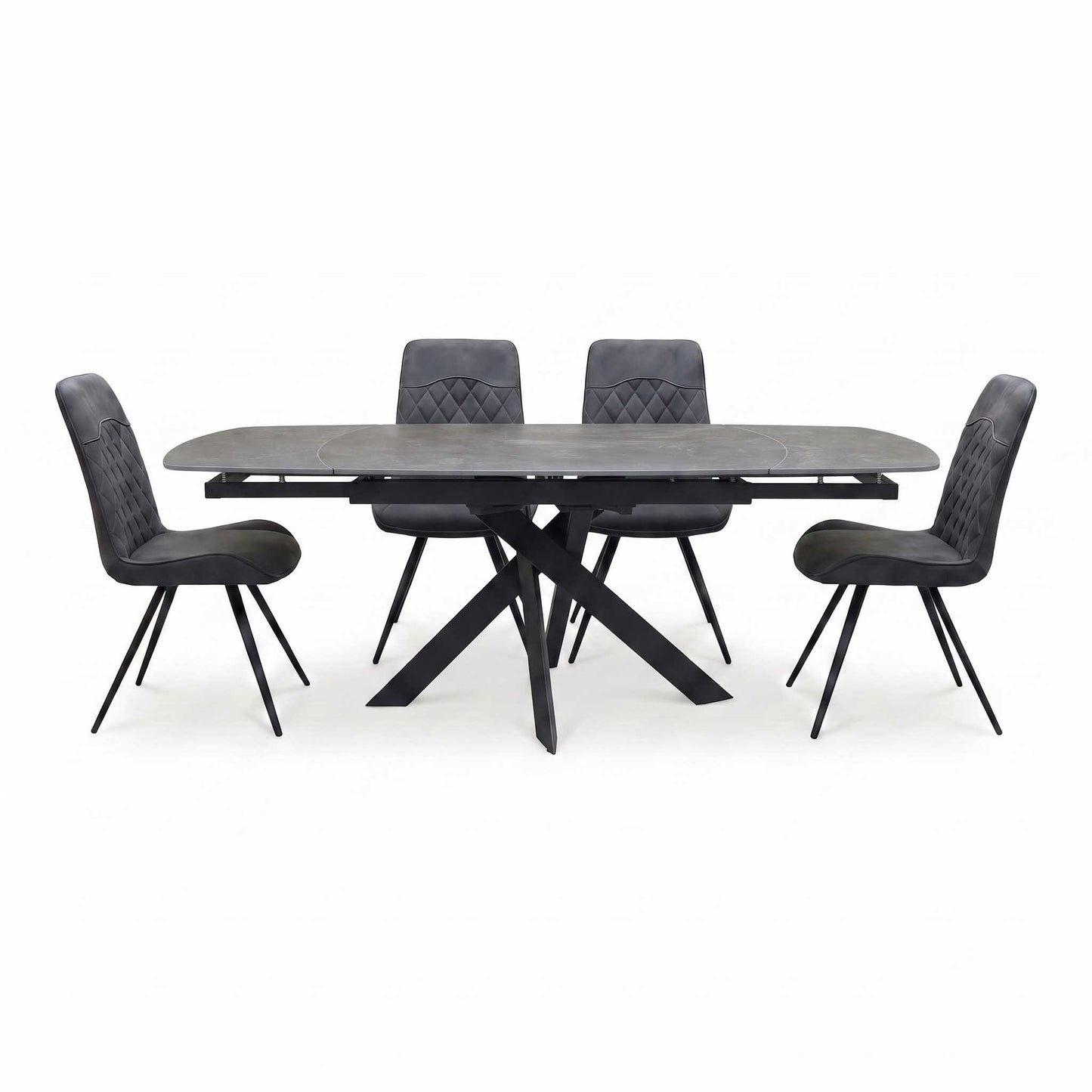'Warrior' Grey Sintered Stone Swivel Extending Dining Table with Charcoal Grey Fabric Standard Dining Chairs - Set of 4 Furniture Village