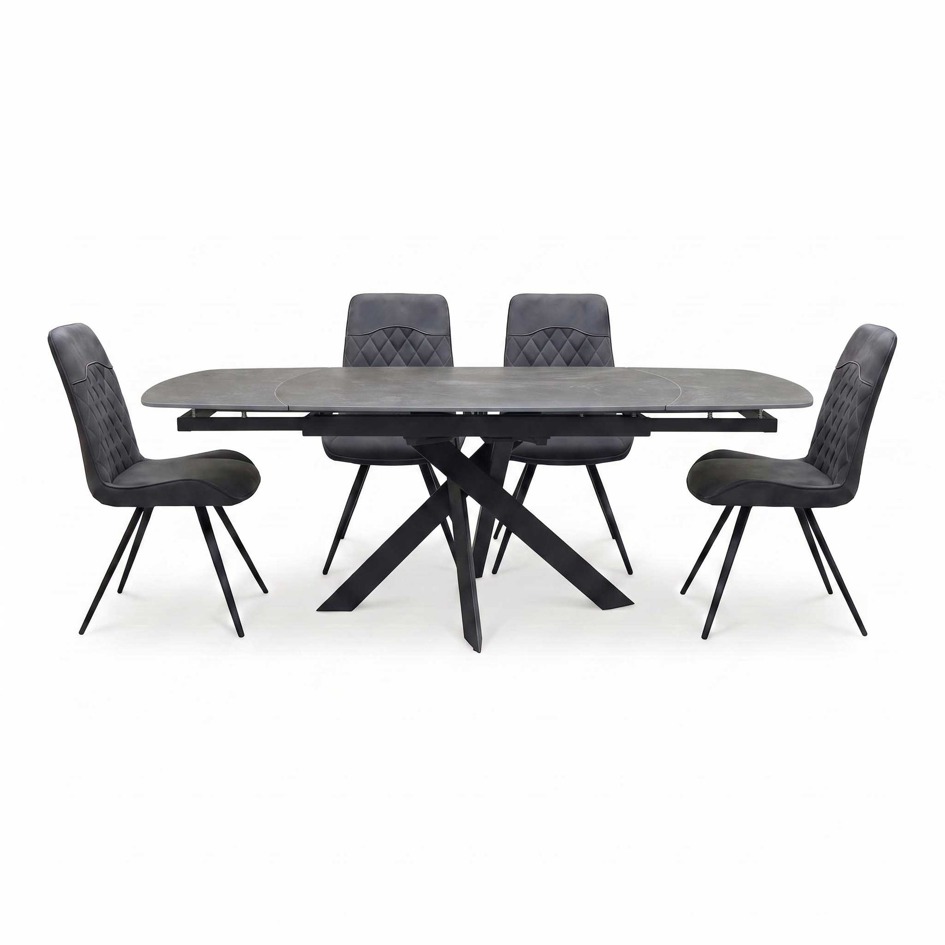 'Warrior' Grey Sintered Stone Swivel Extending Dining Table with Charcoal Grey Fabric Standard Dining Chairs - Set of 4 Furniture Village