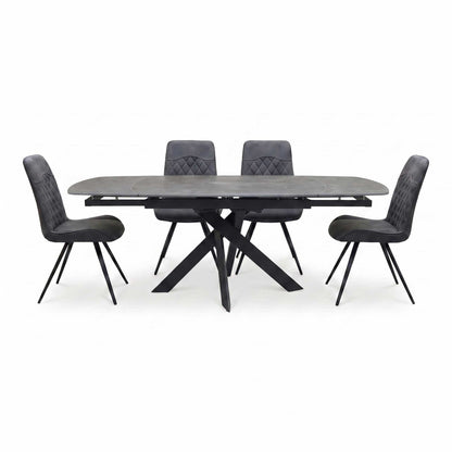 'Warrior' Grey Sintered Stone Swivel Extending Dining Table with Charcoal Grey Fabric Standard Dining Chairs - Set of 4 Furniture Village