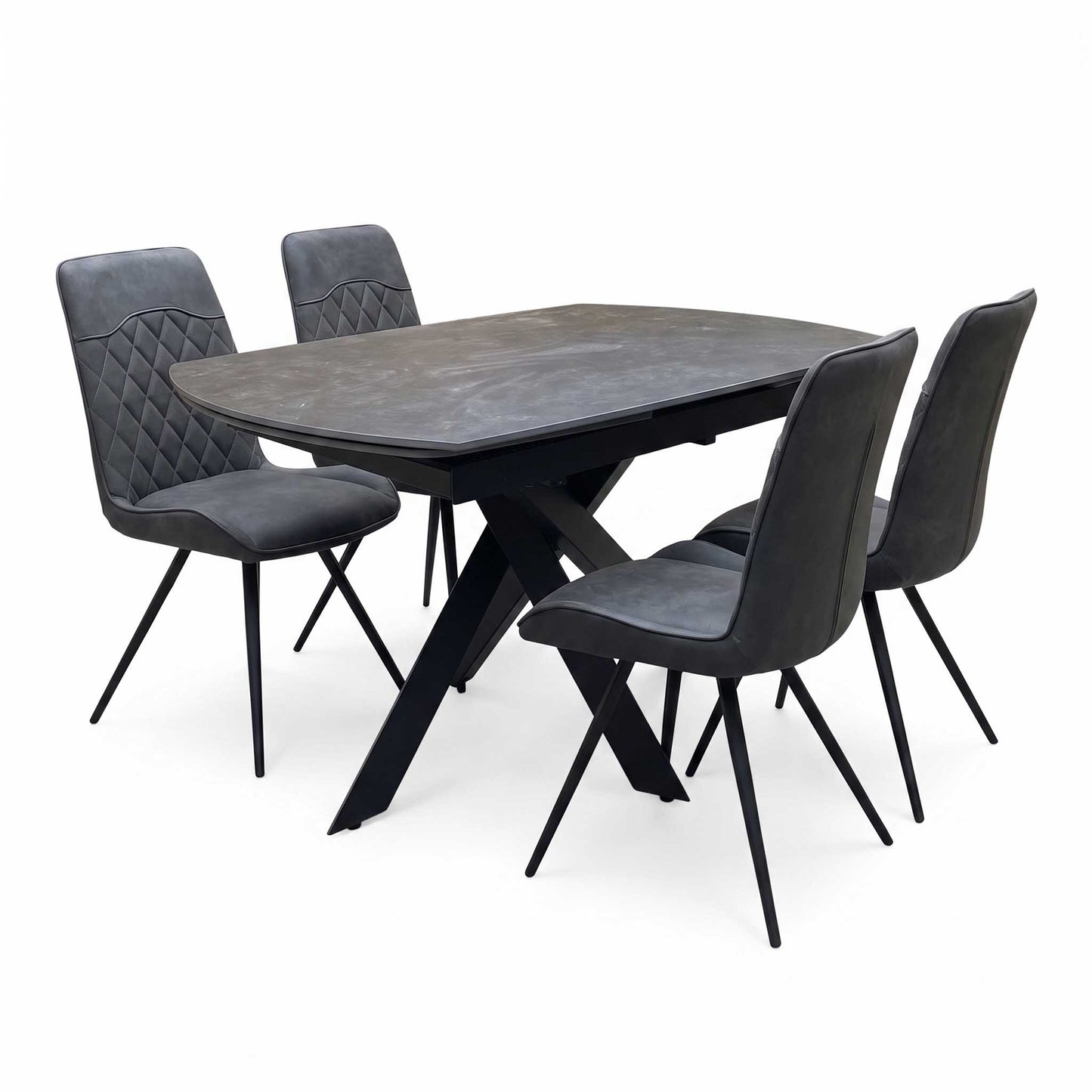 'Warrior' Grey Sintered Stone Swivel Extending Dining Table with Charcoal Grey Fabric Standard Dining Chairs - Set of 4 Furniture Village