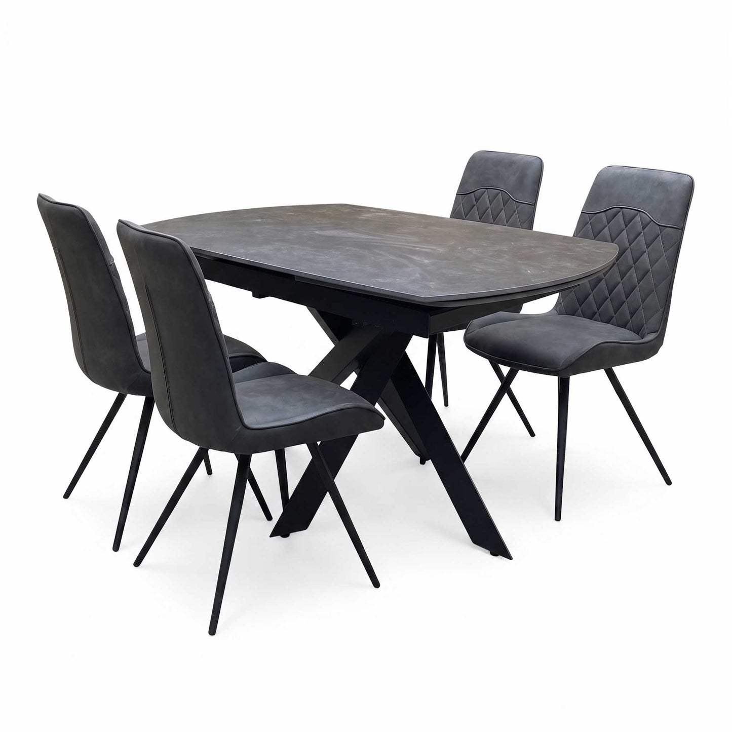 'Warrior' Grey Sintered Stone Swivel Extending Dining Table with Charcoal Grey Fabric Standard Dining Chairs - Set of 4 Furniture Village