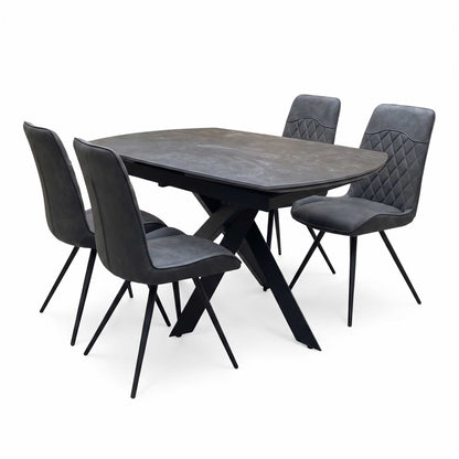 'Warrior' Grey Sintered Stone Swivel Extending Dining Table with Charcoal Grey Fabric Standard Dining Chairs - Set of 4 Furniture Village