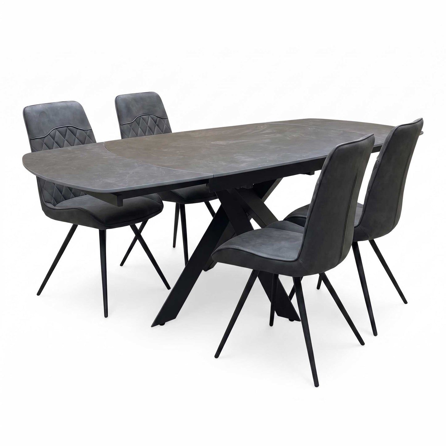 'Warrior' Grey Sintered Stone Swivel Extending Dining Table with Charcoal Grey Fabric Standard Dining Chairs - Set of 4 Furniture Village