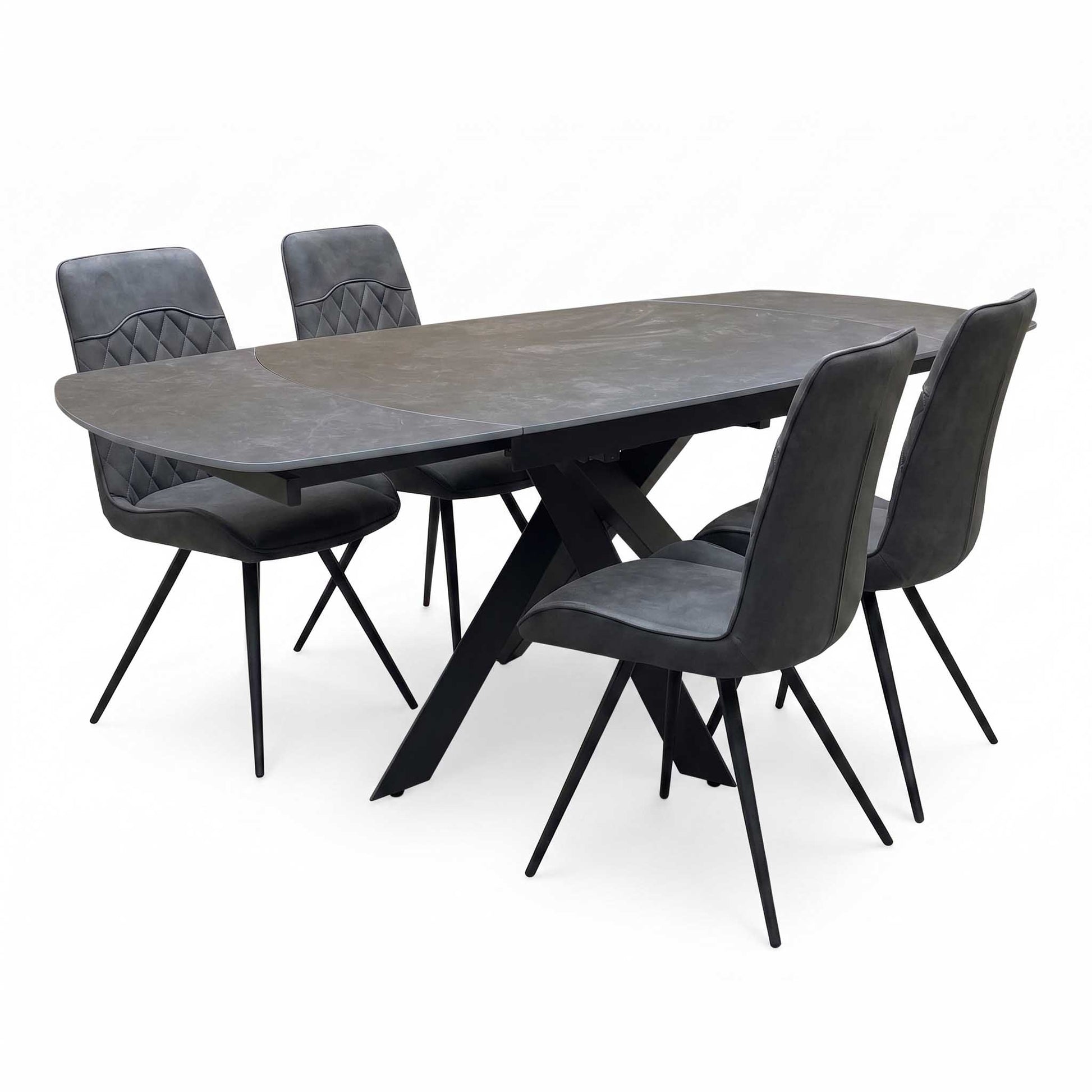 'Warrior' Grey Sintered Stone Swivel Extending Dining Table with Charcoal Grey Fabric Standard Dining Chairs - Set of 4 Furniture Village