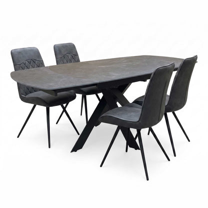 'Warrior' Grey Sintered Stone Swivel Extending Dining Table with Charcoal Grey Fabric Standard Dining Chairs - Set of 4 Furniture Village