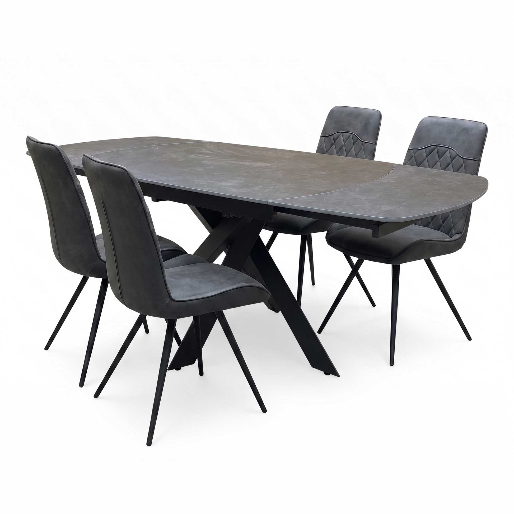 'Warrior' Grey Sintered Stone Swivel Extending Dining Table with Charcoal Grey Fabric Standard Dining Chairs - Set of 4 Furniture Village