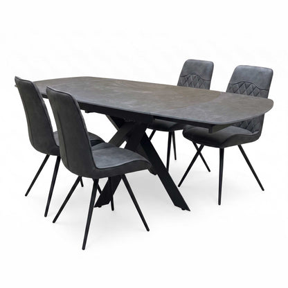 'Warrior' Grey Sintered Stone Swivel Extending Dining Table with Charcoal Grey Fabric Standard Dining Chairs - Set of 4 Furniture Village