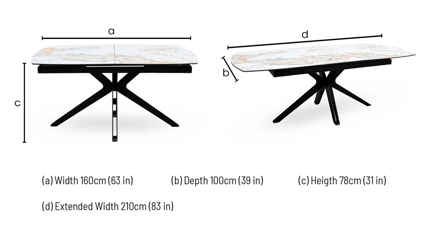 ‘Jose’ Calcutta Marble Ceramic Top 210cm Pop Up Extending Dining Table