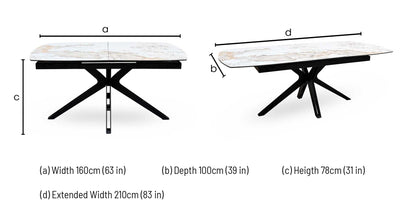 ‘Jose’ Calcutta Marble Ceramic Top 210cm Pop Up Extending Dining Table