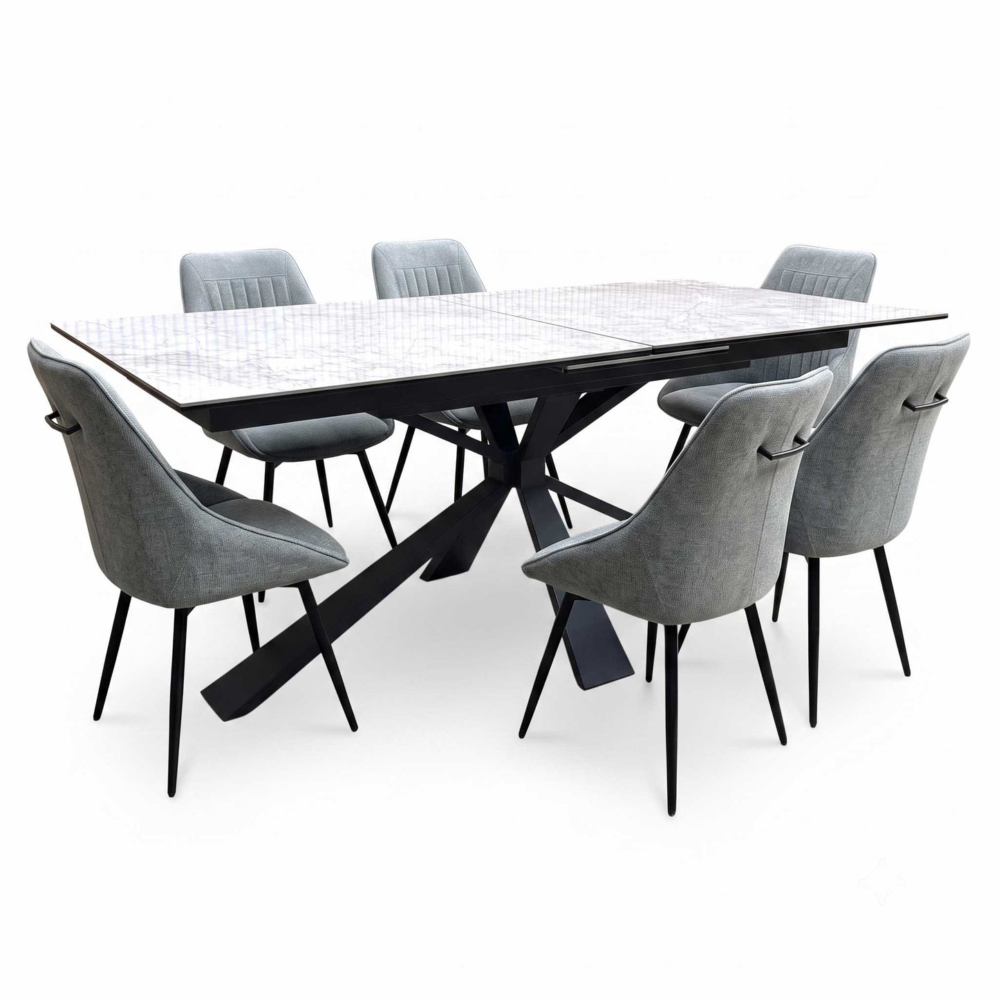 'Crete' Ceramic Top 180cm Large Extending Dining Table with Dark Grey Set of 6 Swivel Dining Chairs Furniture Village