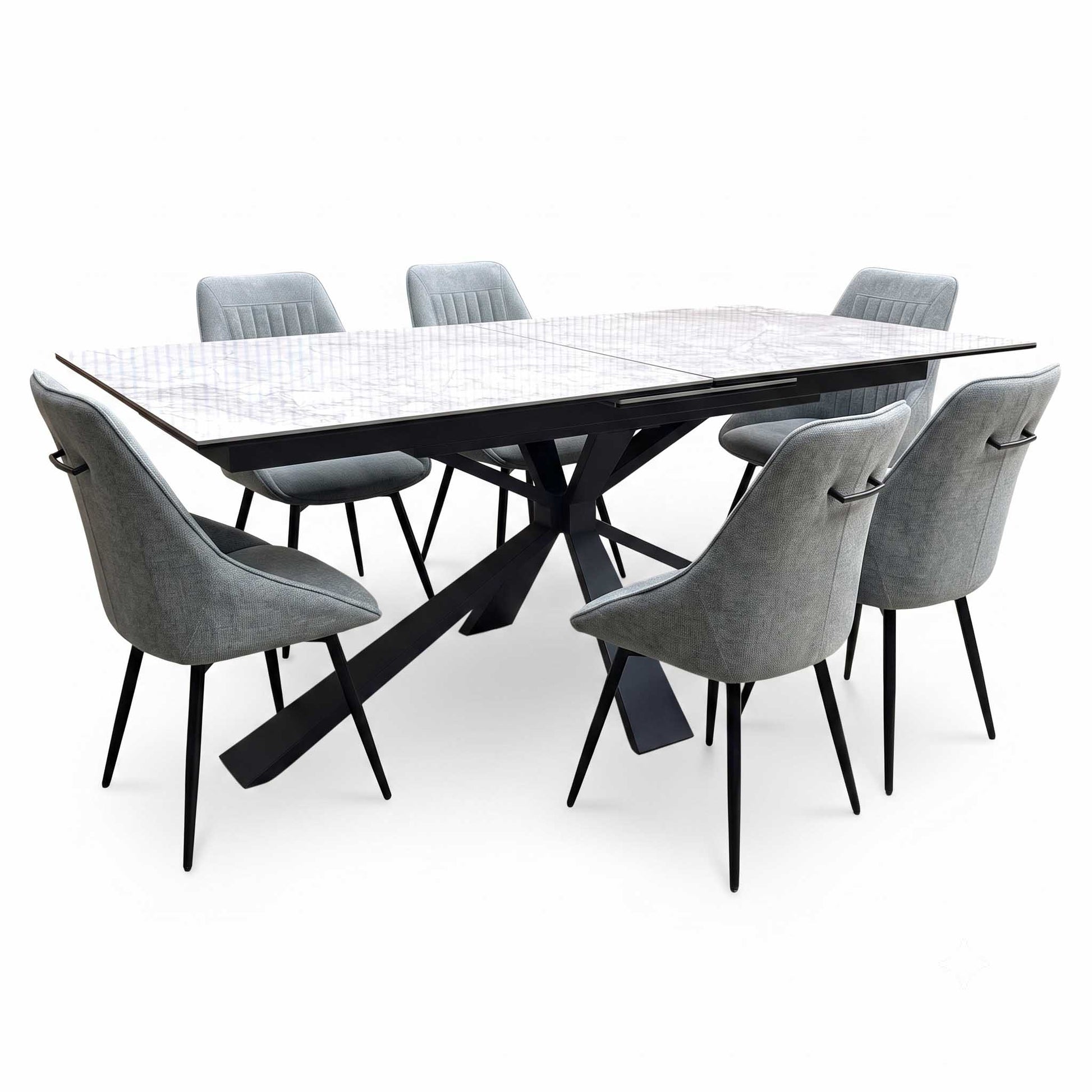 'Crete' Ceramic Top 180cm Large Extending Dining Table with Dark Grey Set of 6 Swivel Dining Chairs Furniture Village