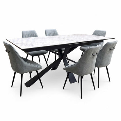 'Crete' Ceramic Top 180cm Large Extending Dining Table with Dark Grey Set of 6 Swivel Dining Chairs Furniture Village