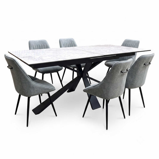 'Crete' Ceramic Top 180cm Large Extending Dining Table with Dark Grey Set of 6 Swivel Dining Chairs Furniture Village