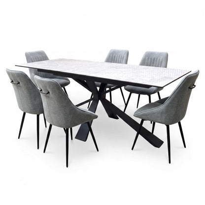 'Crete' Ceramic Top 180cm Large Extending Dining Table with Dark Grey Set of 6 Swivel Dining Chairs Furniture Village