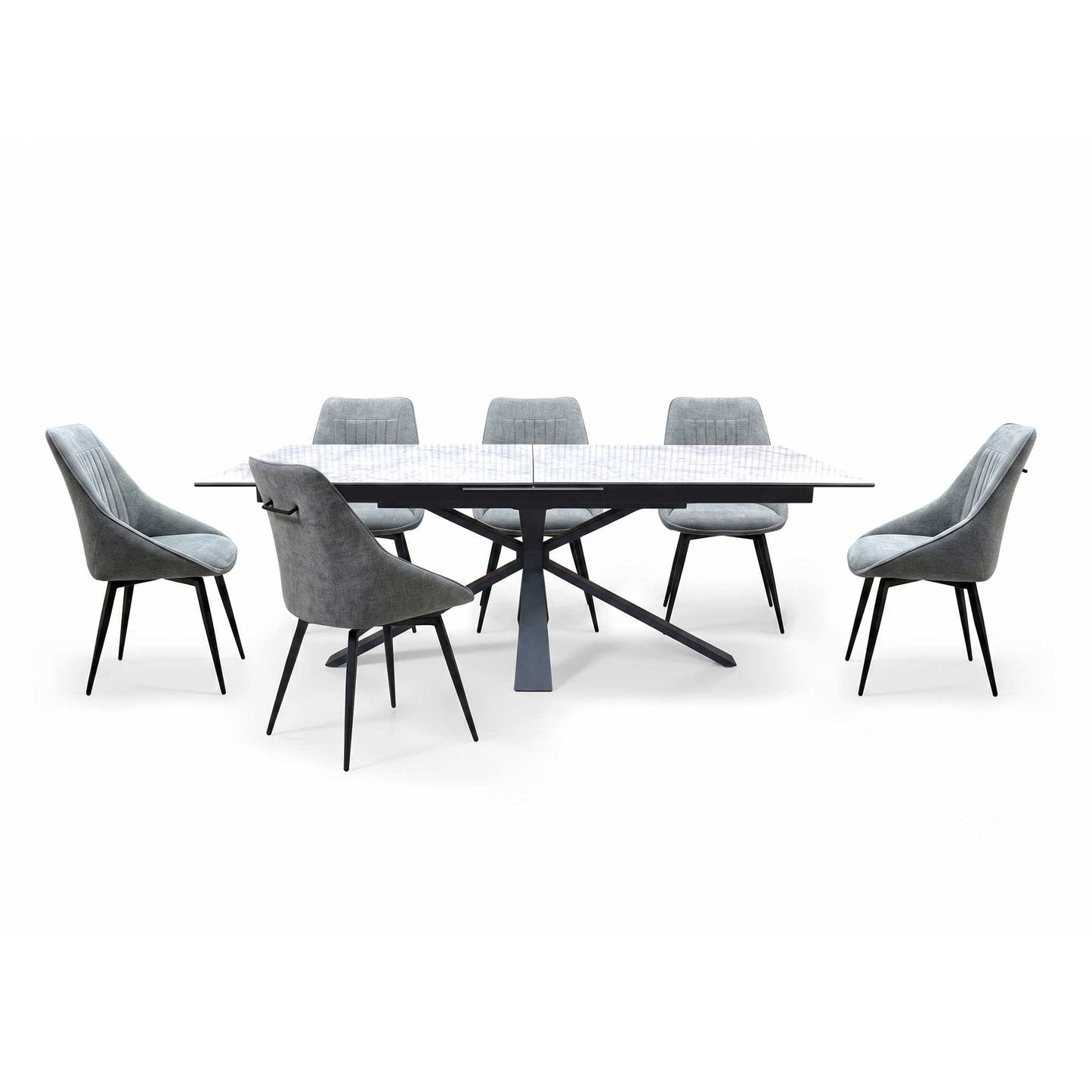 'Crete' Ceramic Top 180cm Large Extending Dining Table with Dark Grey Set of 6 Swivel Dining Chairs Furniture Village