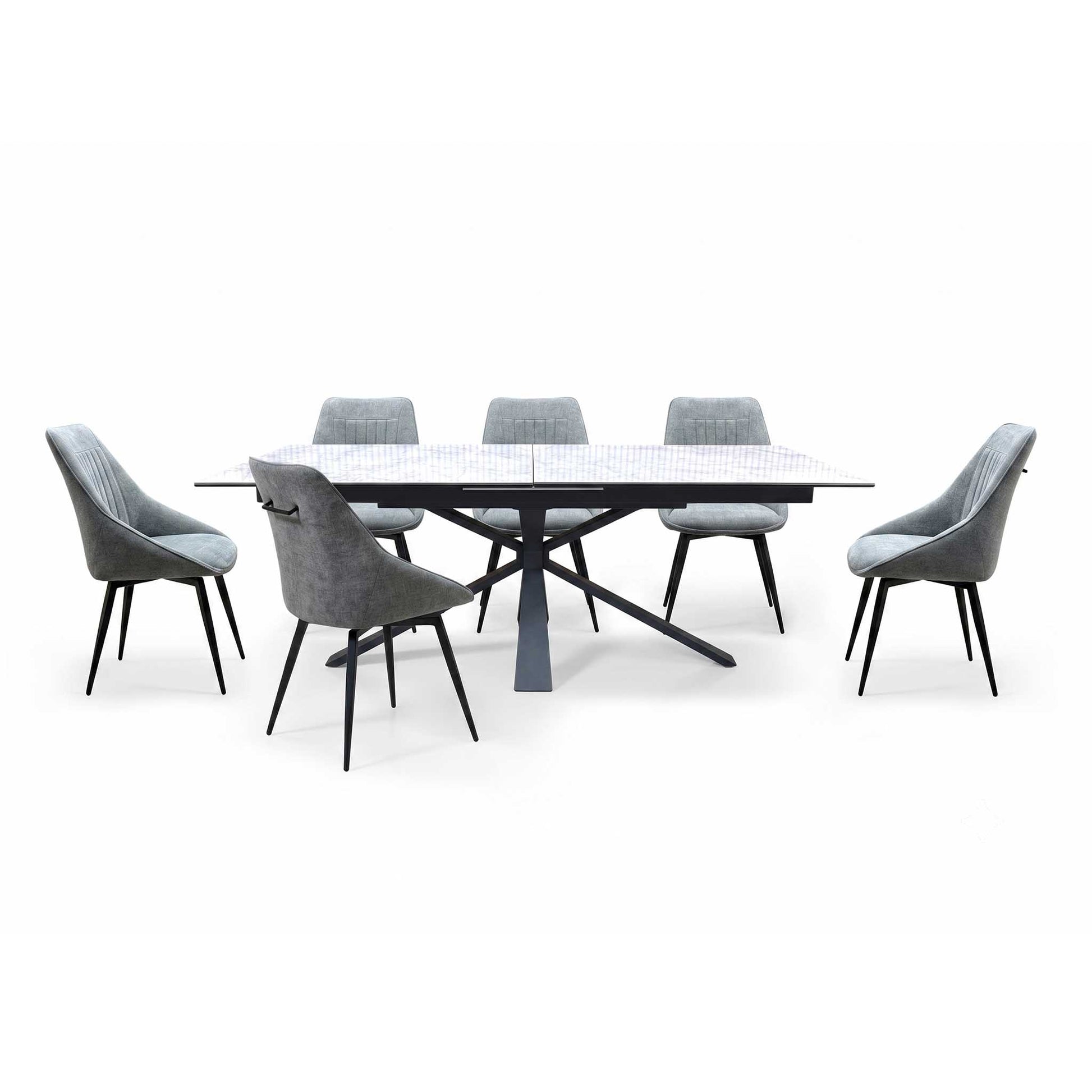'Crete' Ceramic Top 180cm Large Extending Dining Table with Dark Grey Set of 6 Swivel Dining Chairs Furniture Village