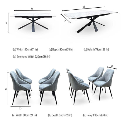 Crete dining set dimensions: table width 180cm extending to 220cm, depth 90cm, height 75cm; chairs 60 x 53 x 90cm