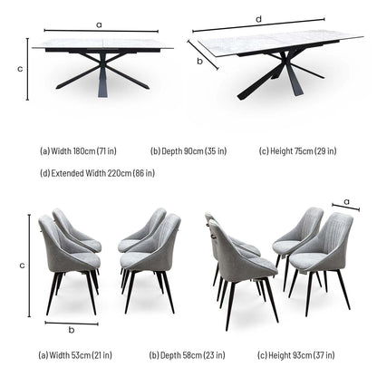 'Crete' Ceramic Top 180cm Large Extending Dining Table + Light Grey Fabric Swivel Dining Chairs - Set of 4