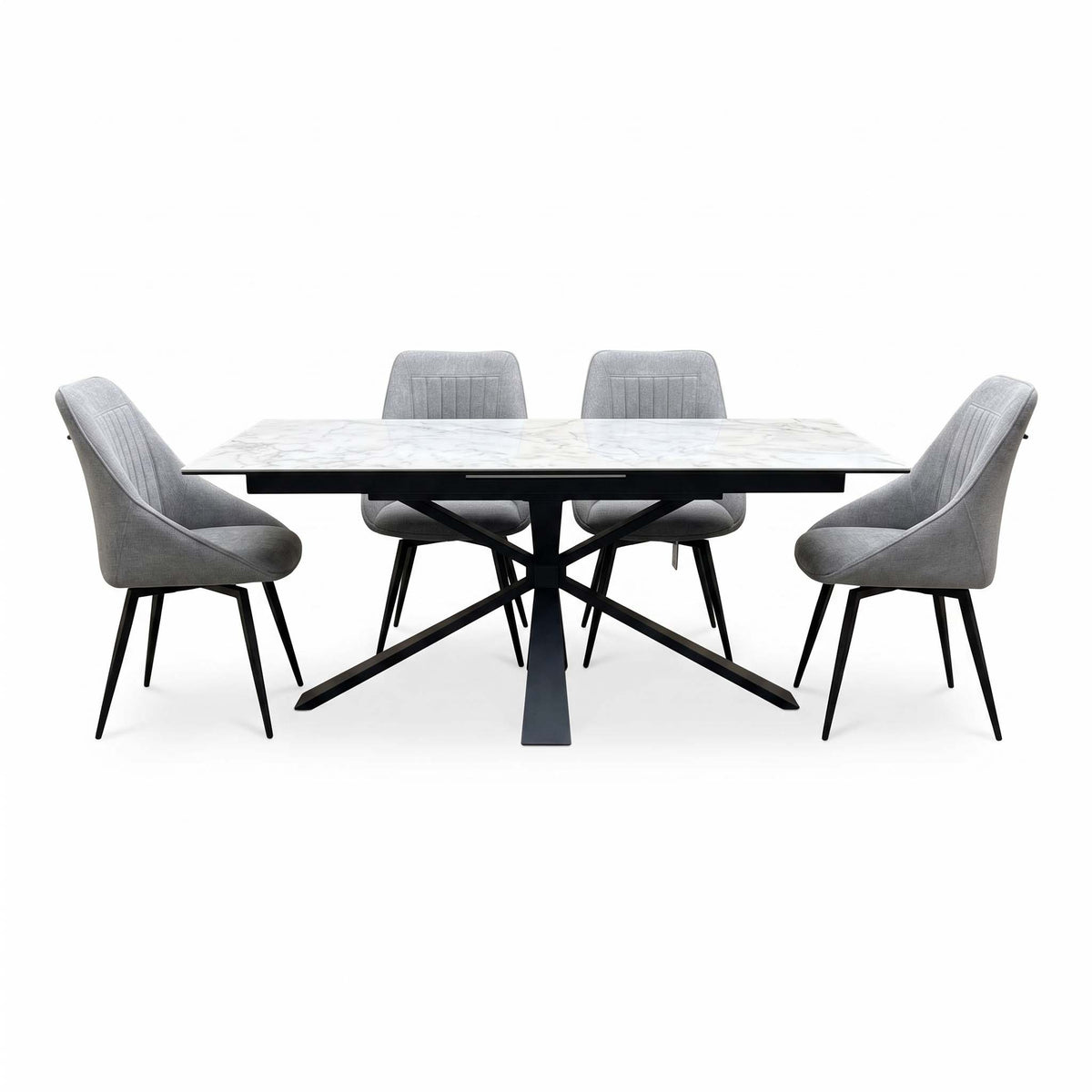 'Crete' Ceramic Top 180cm Large Extending Dining Table + Light Grey Fabric Swivel Dining Chairs - Set of 4