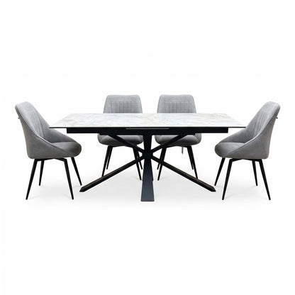'Crete' Ceramic Top 180cm Large Extending Dining Table + Light Grey Fabric Swivel Dining Chairs - Set of 4