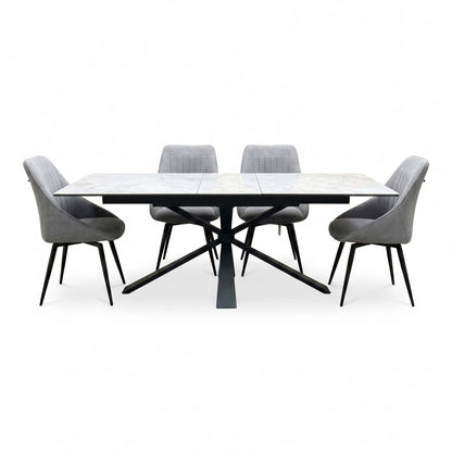 'Crete' Ceramic Top 180cm Large Extending Dining Table + Light Grey Fabric Swivel Dining Chairs - Set of 4