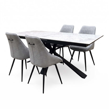 'Crete' Ceramic Top 180cm Large Extending Dining Table + Light Grey Fabric Swivel Dining Chairs - Set of 4