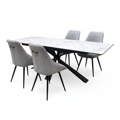 'Crete' Ceramic Top 180cm Large Extending Dining Table + Light Grey Fabric Swivel Dining Chairs - Set of 4