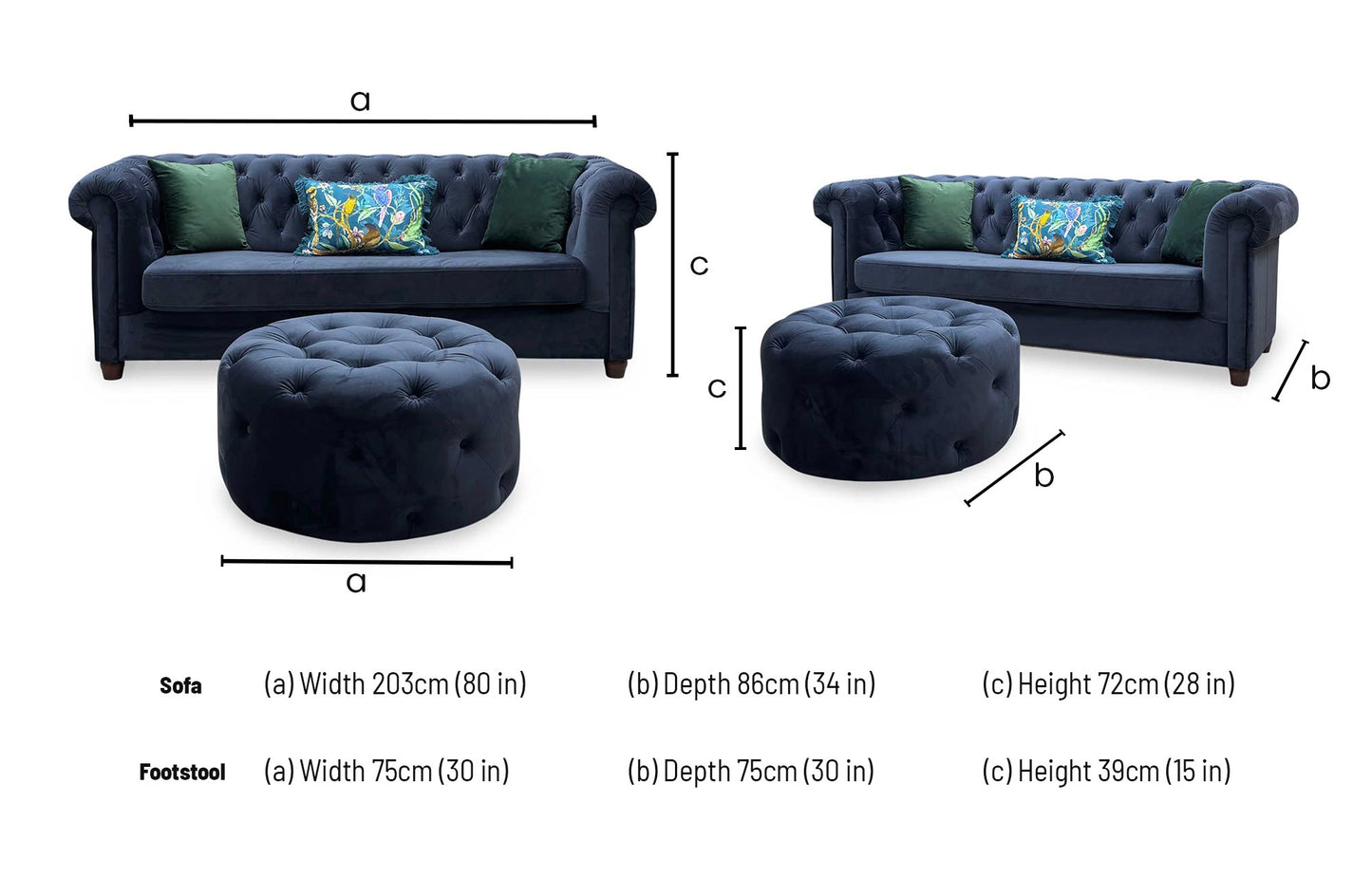 ‘Chester’ Navy Fabric Sofa Bed + Round Footstool